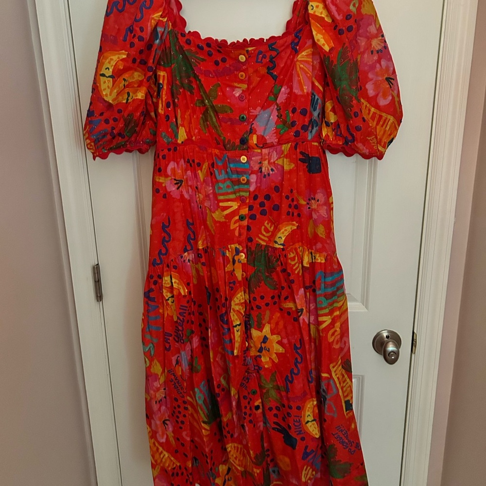 FARM Rio Red Puff Sleeve Sundress size Large